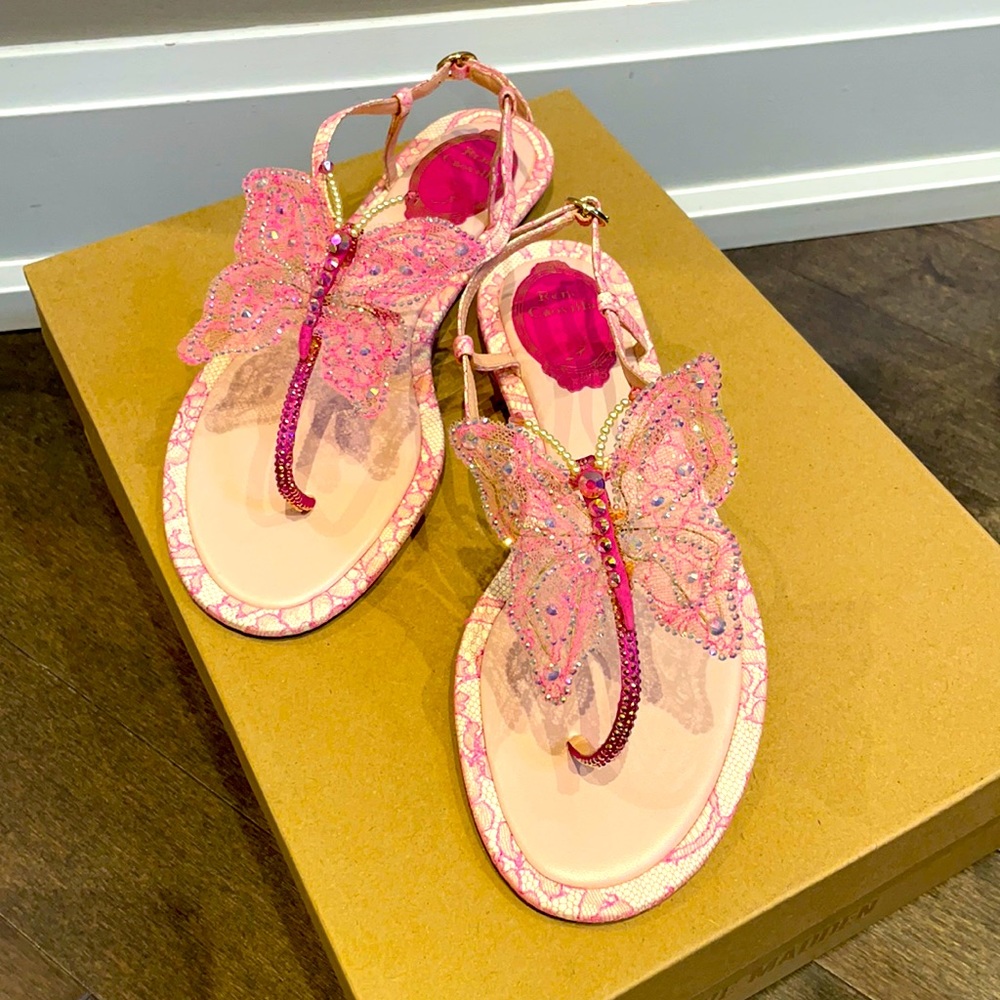 Rene Caovilla sandals in size 37 w/ lace, crystal, pearls butterflies.